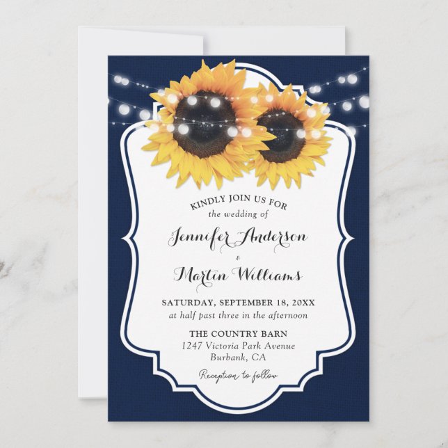 Rustic Navy Burlap Sunflower Wedding Invitations (Front)