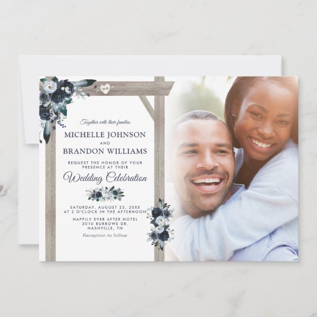 Rustic Navy & Dusty Blue Floral Photo Wedding Invitation (Front)