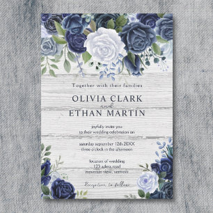 Rustic Navy Dusty Blue Watercolor Floral Wood Invitation