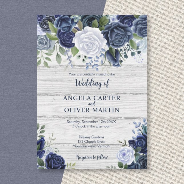 Rustic Navy Dusty Blue Watercolor Floral Wood Invitation (Creator Uploaded)
