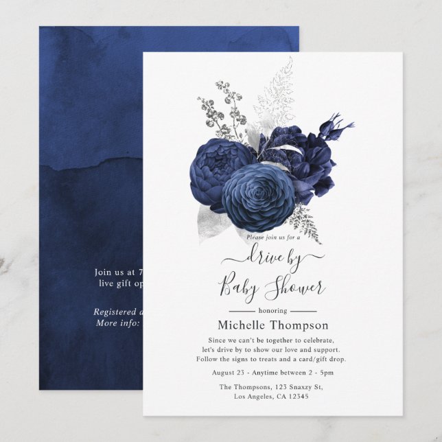 Rustic Navy & Faux Glitter Silver Drive By Shower Invitation (Front/Back)