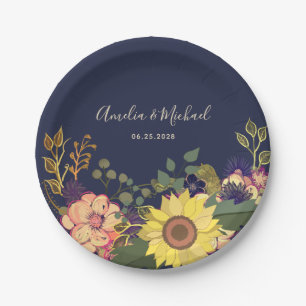 Rustic Navy Floral Wedding Paper Plate