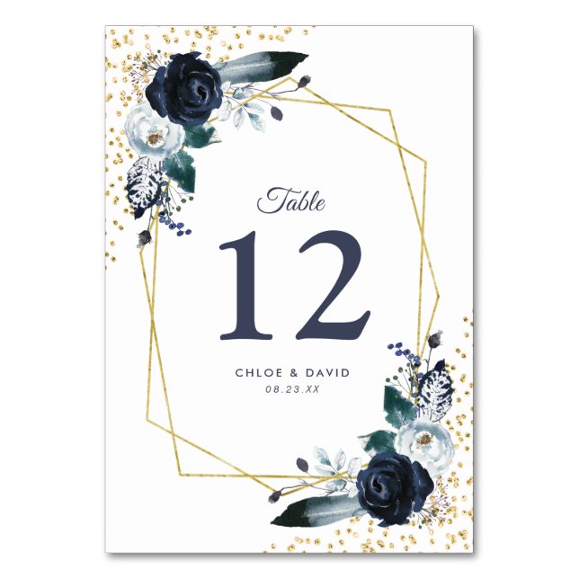 Rustic Navy Gold Floral Wedding Table Number (Front)