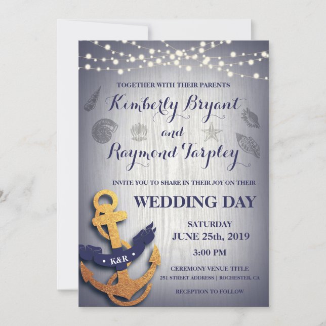 Rustic Navy Gold Nautical Anchor Custom Wedding Invitation (Front)