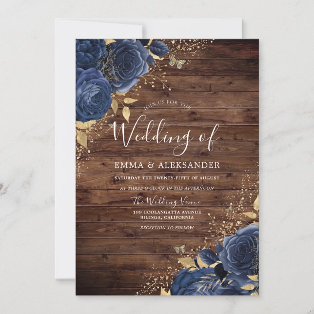 Rustic Navy Indigo Blue Roses & Gold Wedding Invitation (Front)