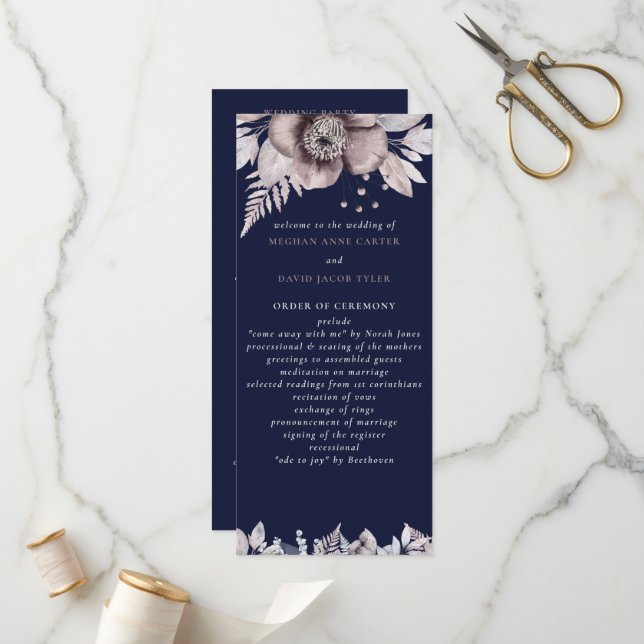 Rustic Navy Mauve Floral Botanical Wedding Programme (Front/Back In Situ)