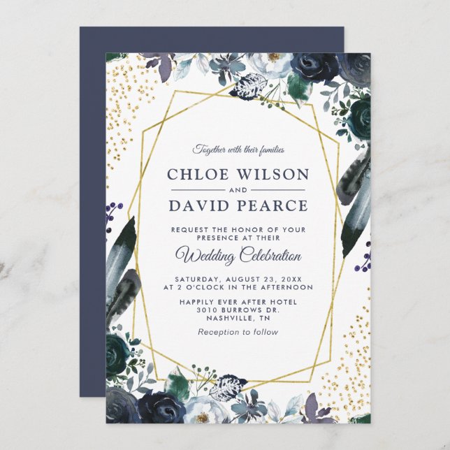 Rustic Navy Peony Gold Geometric Frame Wedding Invitation (Front/Back)