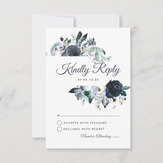 Rustic Navy Peony Watercolor Wedding RSVP Card (Front)