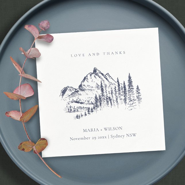 Rustic Navy Pine Woods Mountain Sketch Wedding Napkin (Creator Uploaded)
