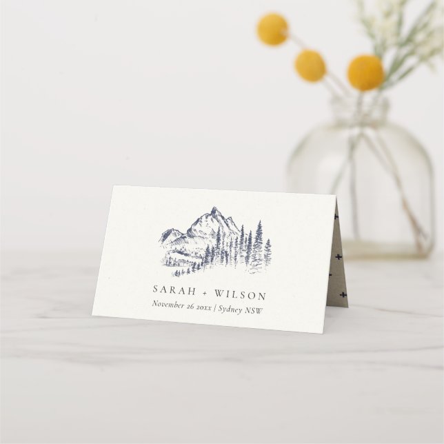 Rustic Navy Pine Woods Mountain Sketch Wedding Place Card (Front)