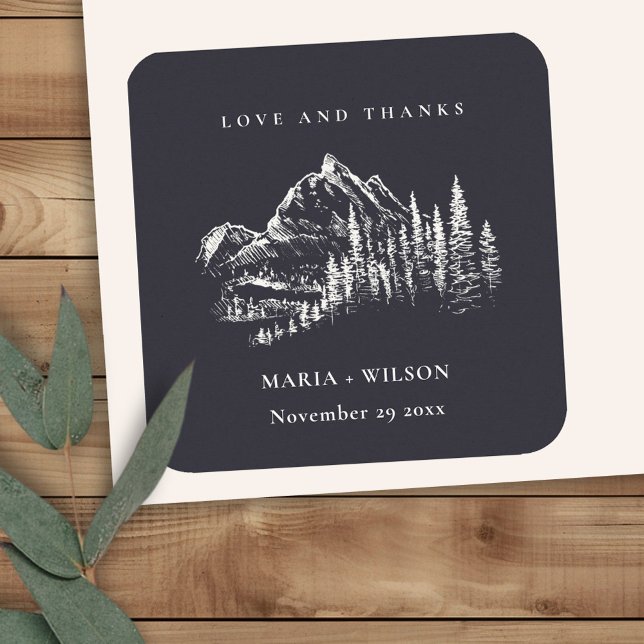 Rustic Navy Pine Woods Mountain Sketch Wedding Square Sticker (Creator Uploaded)