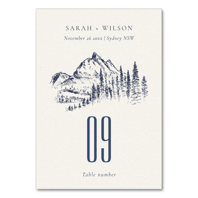 Rustic Navy Pine Woods Mountain Sketch Wedding Table Number (Front)