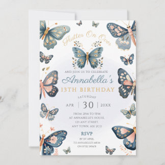 Rustic Navy & Pink Butterfly Party Invitation