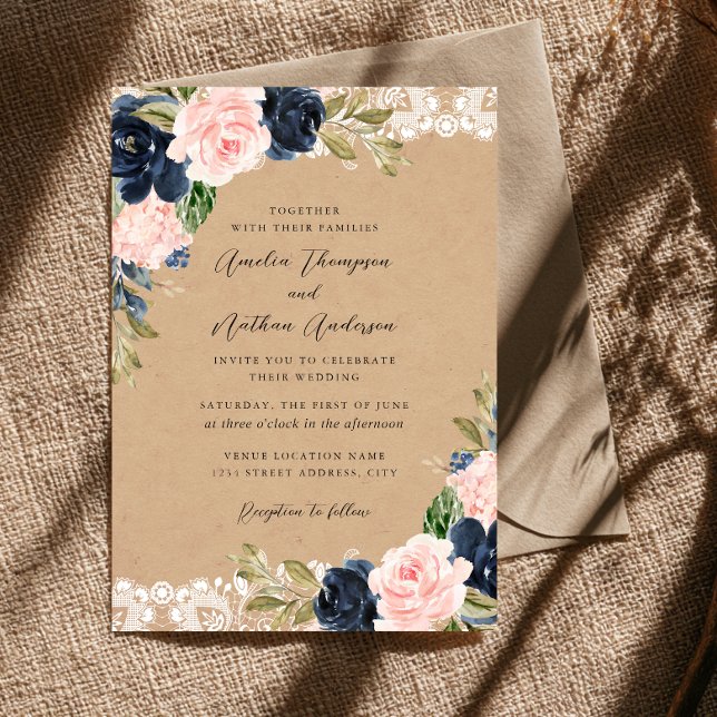 Rustic Navy Pink Floral Lace Wedding Invitation (Creator Uploaded)