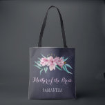 Rustic navy pink floral wedding mother of bride tote bag<br><div class="desc">Rustic elegant spring or summer wedding stylish bridesmaid / maid of honour / flower girl tote bag on dark midnight navy blue chalkboard featuring beautiful pink watercolor magnolias bouquets with mint green eucalyptus foliage. Personalise it with bridesmaid's name on the front and with bride's and groom's names and wedding date...</div>