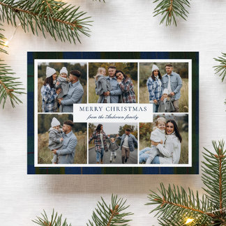 Rustic Navy Plaid Christmas 6 Photo Collage Holiday Card
