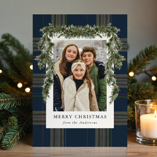 Rustic Navy Plaid Greenery Christmas 4 Photo Holiday Card