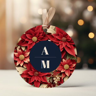 Rustic Navy Poinsettia Floral Christmas Wedding Classic Round Sticker