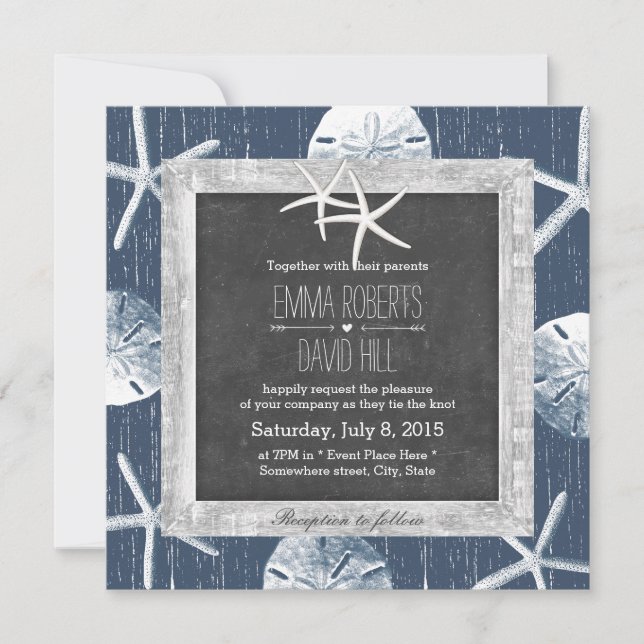 Rustic Navy Seashells Wood Framed Starfish Wedding Invitation (Front)