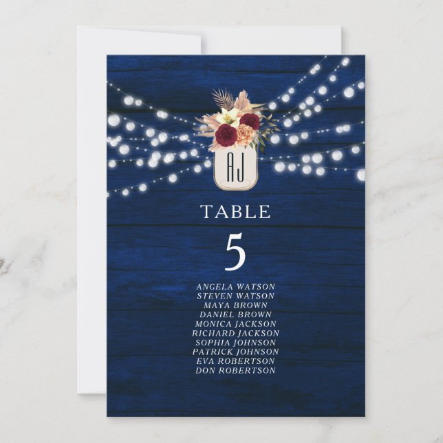 Rustic Navy String Lights Seating Card (Front)