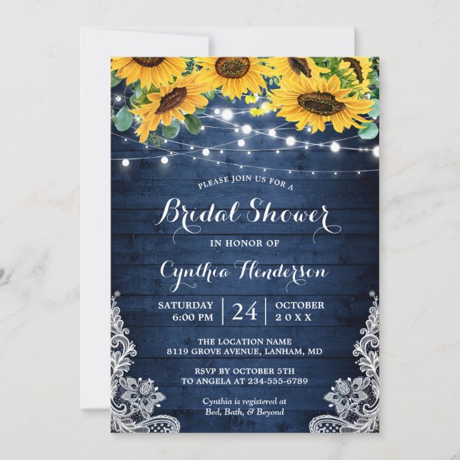 Rustic Navy String Lights Sunflowers Bridal Shower Invitation (Front)