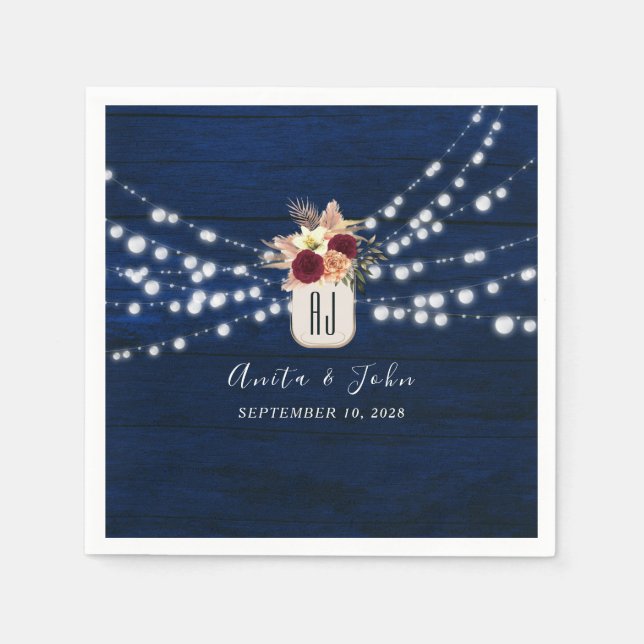 Rustic Navy String Lights Wedding Napkins (Front)
