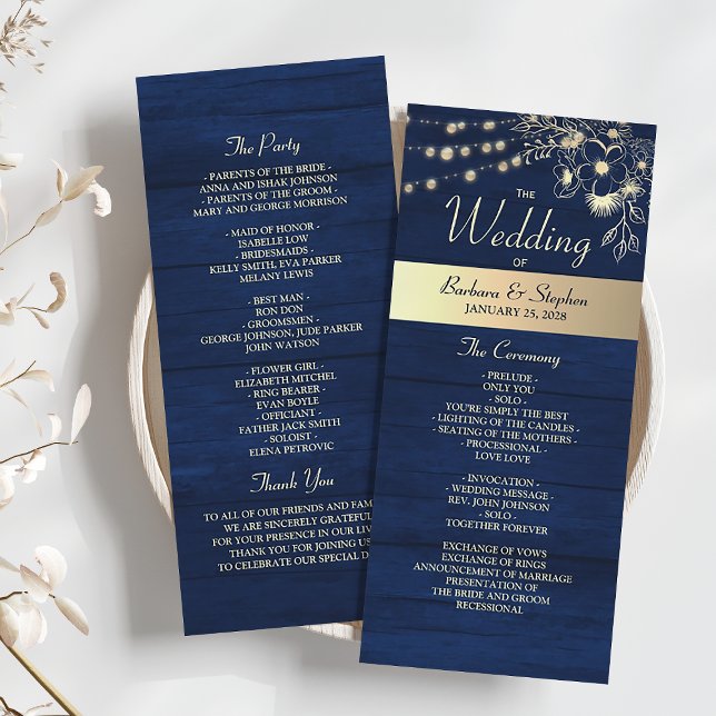 Rustic Navy String Lights Wedding Program Programme (Creator Uploaded)
