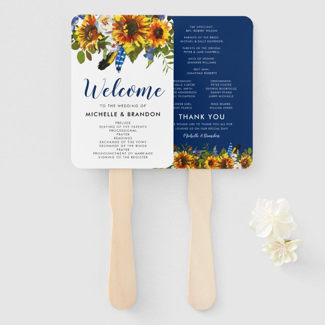Rustic Navy Sunflower Boho Wedding Program Hand Fan (Front and Back)