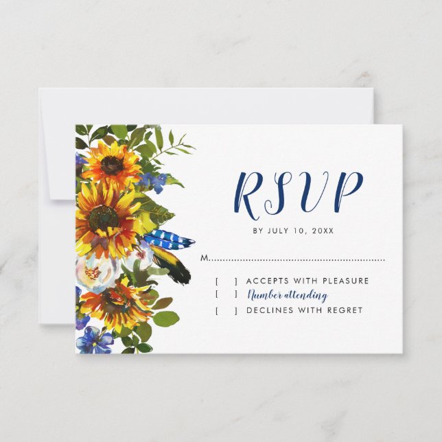 Rustic Navy Sunflower Boho Wedding RSVP (Front)