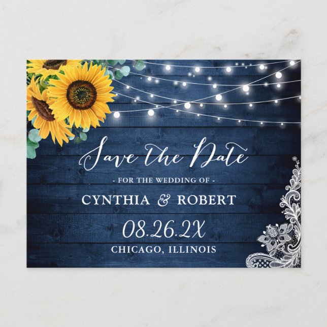 Rustic Navy Sunflower String Lights Save the Date Postcard (Front)
