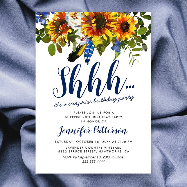 Rustic Navy Sunflower Surprise Birthday Party Invitation (Creator Uploaded)