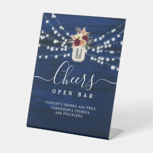Rustic Navy Wedding Open Bar Sign with Lights