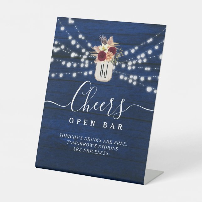 Rustic Navy Wedding Open Bar Sign with Lights (Front)