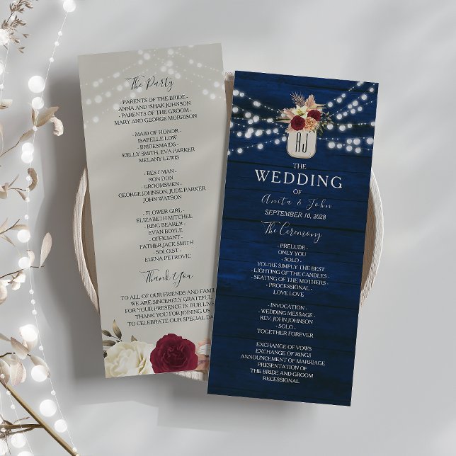 Rustic Navy Wedding Program with Lights Programme (Creator Uploaded)