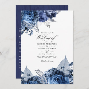 Rustic Navy & White with Silver Faux Foil Wedding Invitation
