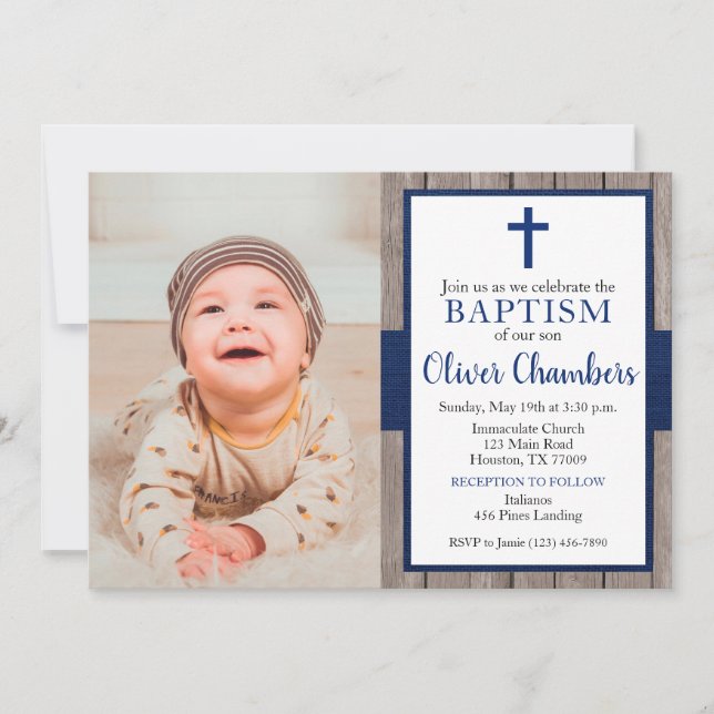 Rustic Navy & Wood Boy Photo Baptism Invitation (Front)