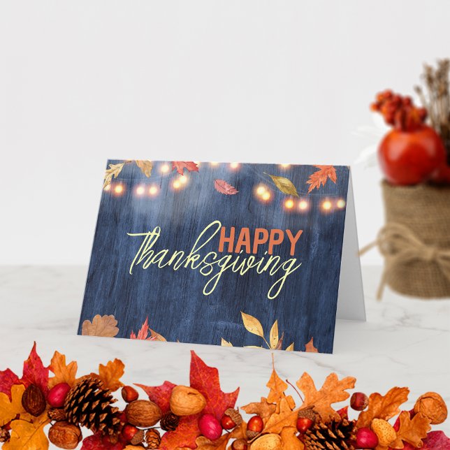 Rustic Navy Wood Fairy Lights Thanksgiving Card (Creator Uploaded)