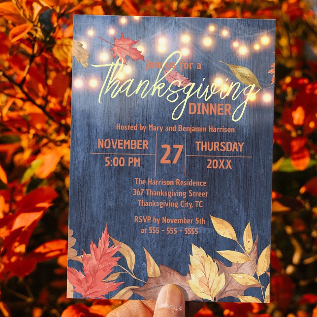 Rustic Navy Wood Fall Leaves Thanksgiving Dinner Invitation (Creator Uploaded)