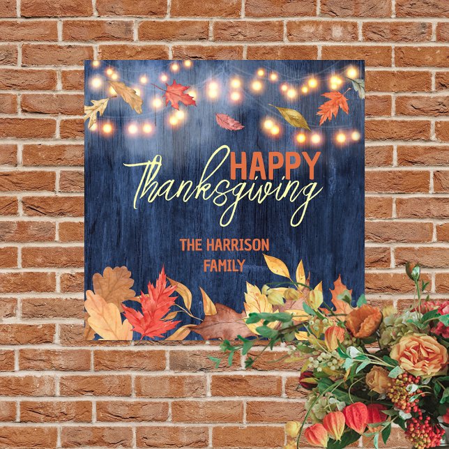 Rustic Navy Wood Fall Leaves Thanksgiving Welcome Poster (Creator Uploaded)