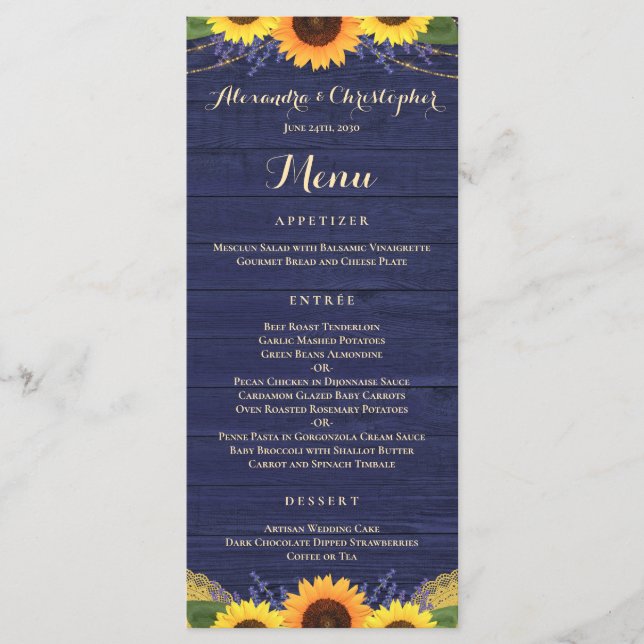 Rustic Navy Wood Lights Lace Sunflower Wedding Menu (Front)