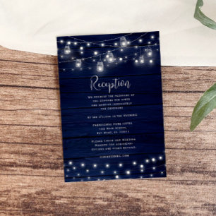 Rustic Navy Wood Mason Jars Lights Reception Card