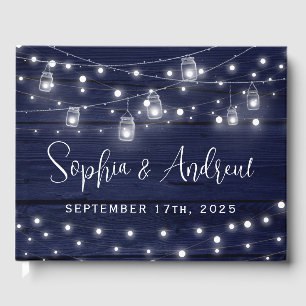 Rustic Navy Wood Mason Jars Lights Wedding Guest Book