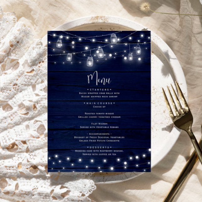 Rustic Navy Wood Mason Jars Lights Wedding Menu (Creator Uploaded)