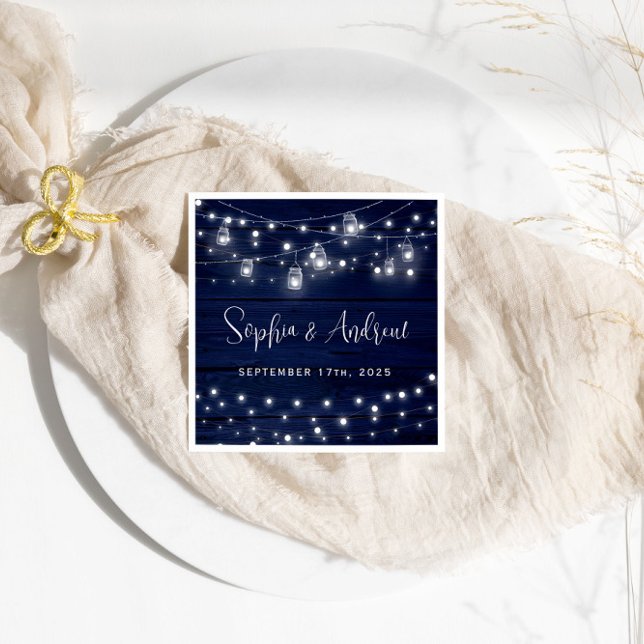  Rustic Navy Wood Mason Jars Lights Wedding Napkin (Creator Uploaded)