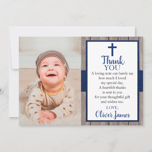 Rustic Navy & Wood Photo Baptism Thank You Card (Front)