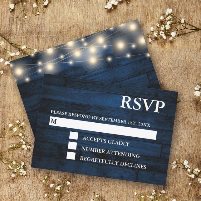 Rustic Navy Wood String Lights RSVP Cards (Creator Uploaded)