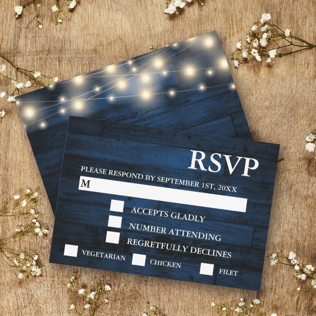 Rustic Navy Wood String Lights RSVP Meal Choice Card (Creator Uploaded)