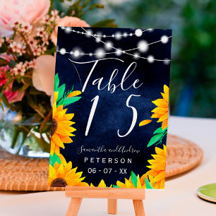 Rustic navy wood string lights sunflowers table table number