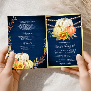 Rustic Navy Wood Sunflower Pumpkin QR Code Wedding Invitation