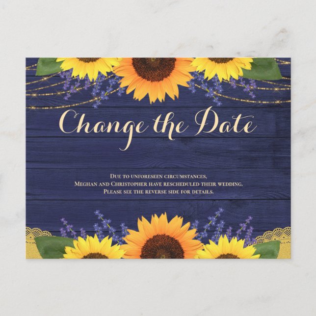 Rustic Navy Wood Sunflower Wedding Change the Date Postcard (Front)